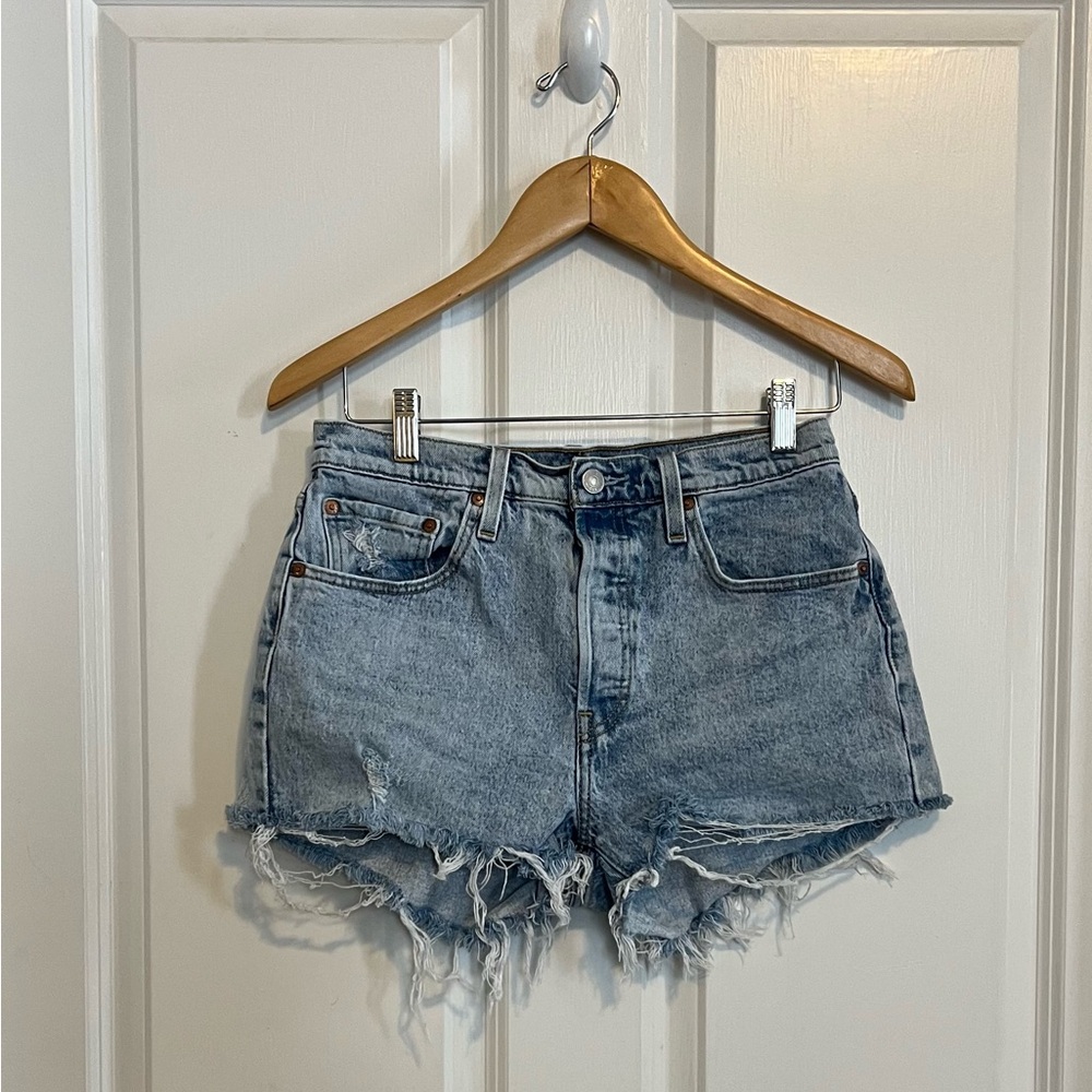 Levi's 501 Light Wash Button Fly Distressed Denim Jean Shorts 28